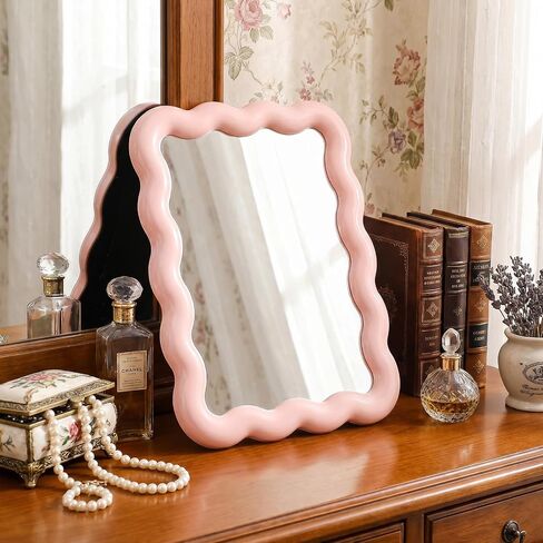 Pink Desk Mirror, 7.28 X 5.71 Inch Wave-Shaped Portable Foldable Vanity Mirror, Travel Makeup Mirror with Stand, for Daily Makeup and Bedroom Use in Saudi Arabia