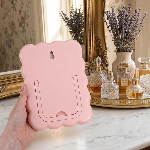 Pink Desk Mirror, 7.28 X 5.71 Inch Wave-Shaped Portable Foldable Vanity Mirror, Travel Makeup Mirror with Stand, for Daily Makeup and Bedroom Use in Saudi Arabia