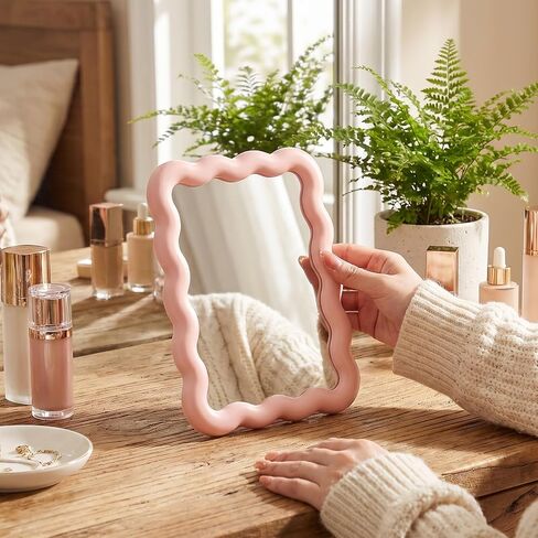 Pink Desk Mirror, 7.28 X 5.71 Inch Wave-Shaped Portable Foldable Vanity Mirror, Travel Makeup Mirror with Stand, for Daily Makeup and Bedroom Use in Saudi Arabia