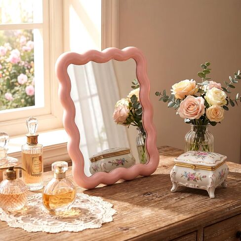 Pink Desk Mirror, 7.28 X 5.71 Inch Wave-Shaped Portable Foldable Vanity Mirror, Travel Makeup Mirror with Stand, for Daily Makeup and Bedroom Use in Saudi Arabia