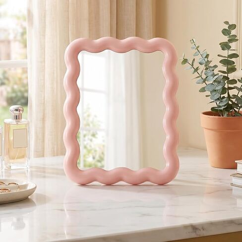 Pink Desk Mirror, 7.28 X 5.71 Inch Wave-Shaped Portable Foldable Vanity Mirror, Travel Makeup Mirror with Stand, for Daily Makeup and Bedroom Use in Saudi Arabia