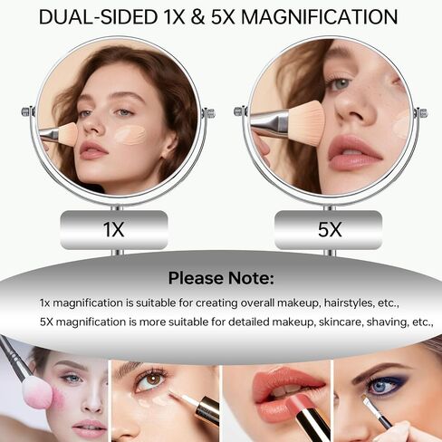 7" Tabletop Makeup Mirror No Light, 1X/5X Double Sided Magnifying Mirror Countertop Standing, 360 Swivel Round Mirror with Magnification, Chrome in Saudi Arabia
