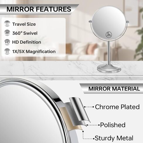 7" Tabletop Makeup Mirror No Light, 1X/5X Double Sided Magnifying Mirror Countertop Standing, 360 Swivel Round Mirror with Magnification, Chrome in Saudi Arabia