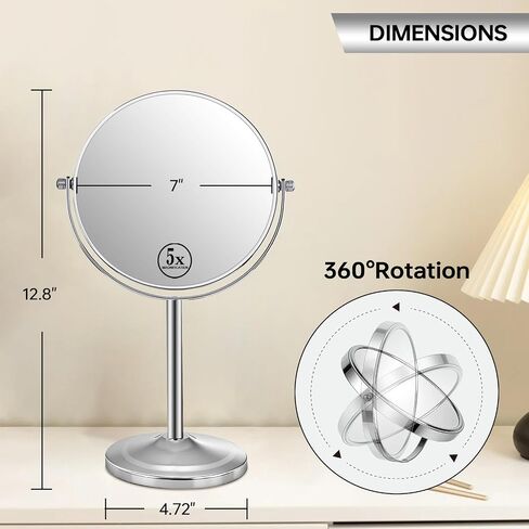 7" Tabletop Makeup Mirror No Light, 1X/5X Double Sided Magnifying Mirror Countertop Standing, 360 Swivel Round Mirror with Magnification, Chrome in Saudi Arabia