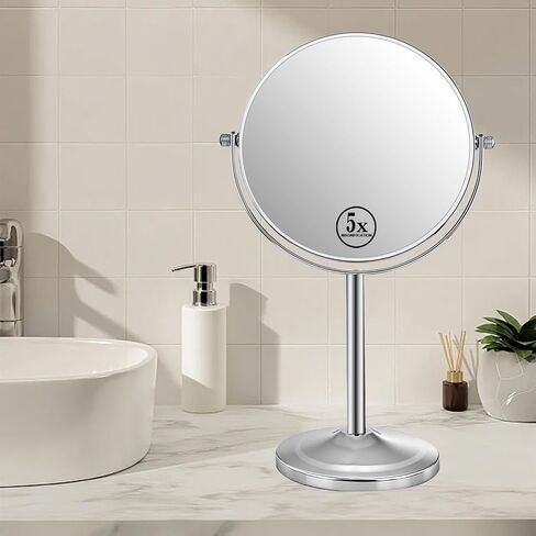 7" Tabletop Makeup Mirror No Light, 1X/5X Double Sided Magnifying Mirror Countertop Standing, 360 Swivel Round Mirror with Magnification, Chrome in Saudi Arabia