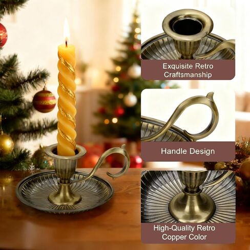 Vintage Candle Holder with Handle Bronze Taper Retro Candlestick Zinc Alloy Holder Carry Handle and Candle Drip Catcher Tray for Halloween Christmas Table Decor in Saudi Arabia