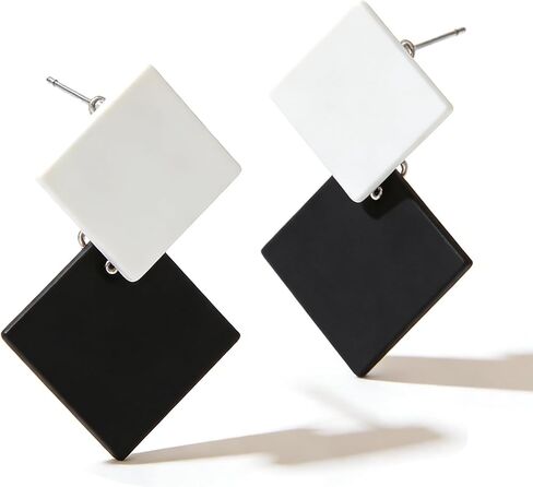 Black & White Geometric Square Dangle Earrings for Women, Minimalist Statement Earrings, Trendy Fashion Earrings for Parties, Daily Wear in Saudi Arabia