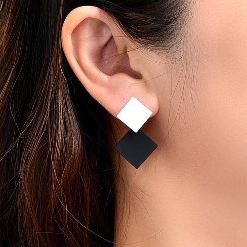 Black & White Geometric Square Dangle Earrings for Women, Minimalist Statement Earrings, Trendy Fashion Earrings for Parties, Daily Wear in Saudi Arabia