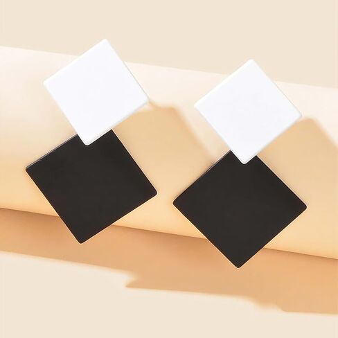 Black & White Geometric Square Dangle Earrings for Women, Minimalist Statement Earrings, Trendy Fashion Earrings for Parties, Daily Wear in Saudi Arabia