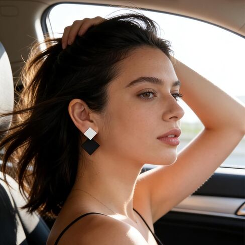 Black & White Geometric Square Dangle Earrings for Women, Minimalist Statement Earrings, Trendy Fashion Earrings for Parties, Daily Wear in Saudi Arabia