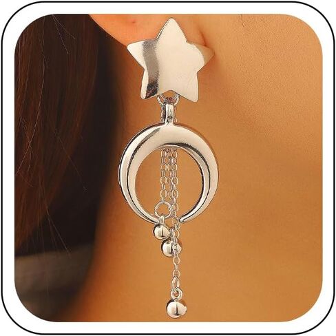 Chunky Gold Moon Star Dangling Earring, Vintage Silver Long Heavenly Body Link Chain Dangle Drop Earrings for Women Trendy Simple Space Jewelry Gifts in Saudi Arabia