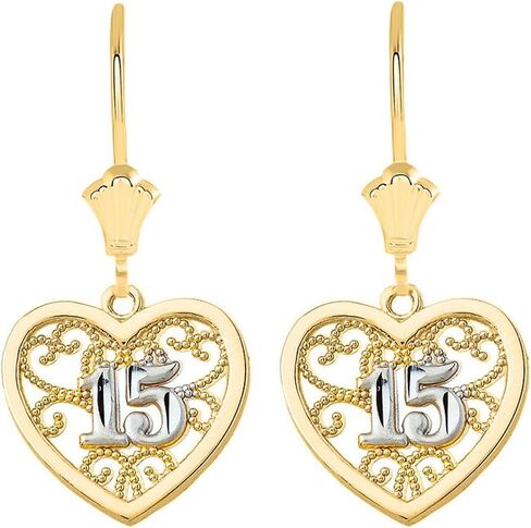 Womens Yellow Gold Filigree Heart Sweet 15 Quinceanera Leverback Earrings, 1.20" in Saudi Arabia