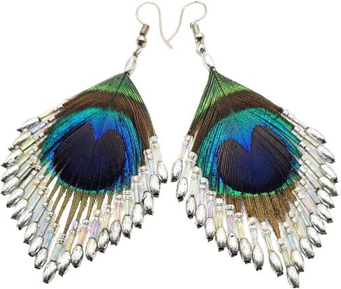أقراط ريش الطاووس قزحي الألوان، أقراط الطاووس المصنوعة يدويًا من الخرز الفضي اللون للنساء، أقراط متدلية مصنوعة يدويًا من الريش مجوهرات الأزياء DA168-A in Kuwait