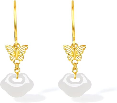 ZHOU LIU FU White Jade Dangle Earrings 24K Gold Hollow Butterfly Ruyi Jade Drop Earring Healing Gemstone Natural Dainty Jewelry for Women Her Mom Daughter Anniversary Birthday Present Y0914874 in Saudi Arabia