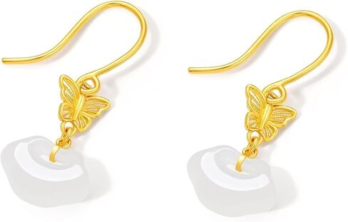 ZHOU LIU FU White Jade Dangle Earrings 24K Gold Hollow Butterfly Ruyi Jade Drop Earring Healing Gemstone Natural Dainty Jewelry for Women Her Mom Daughter Anniversary Birthday Present Y0914874 in Saudi Arabia