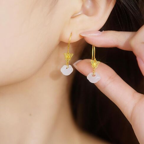 ZHOU LIU FU White Jade Dangle Earrings 24K Gold Hollow Butterfly Ruyi Jade Drop Earring Healing Gemstone Natural Dainty Jewelry for Women Her Mom Daughter Anniversary Birthday Present Y0914874 in Saudi Arabia