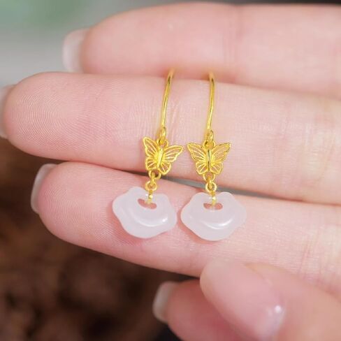 ZHOU LIU FU White Jade Dangle Earrings 24K Gold Hollow Butterfly Ruyi Jade Drop Earring Healing Gemstone Natural Dainty Jewelry for Women Her Mom Daughter Anniversary Birthday Present Y0914874 in Saudi Arabia