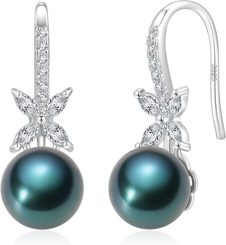 Pearl Drop Earrings for Women - 925 Sterling Silver 18k Gold Plated Hypoallergenic White/Black/Blue/Golden/Purple Freshwater/Saltwater Cultured Pearls Ear Hook Earrings with Cubic Zirconia in Saudi Arabia