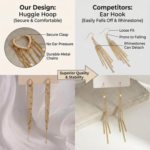 Gold Chandelier Earrings for Women, Long Tassel Earrings Dangle Drop with Secure Huggie Hoop, Lightweight Formal Earrings Chain Fringe Statement Jewelry for Prom Wedding Party (Gold) in Saudi Arabia