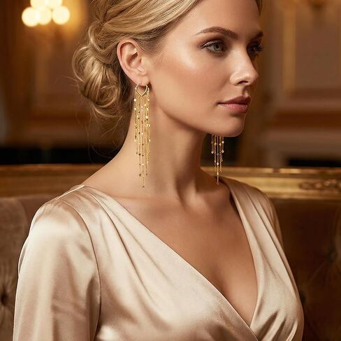 Gold Chandelier Earrings for Women, Long Tassel Earrings Dangle Drop with Secure Huggie Hoop, Lightweight Formal Earrings Chain Fringe Statement Jewelry for Prom Wedding Party (Gold) in Saudi Arabia