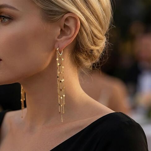 Gold Chandelier Earrings for Women, Long Tassel Earrings Dangle Drop with Secure Huggie Hoop, Lightweight Formal Earrings Chain Fringe Statement Jewelry for Prom Wedding Party (Gold) in Saudi Arabia
