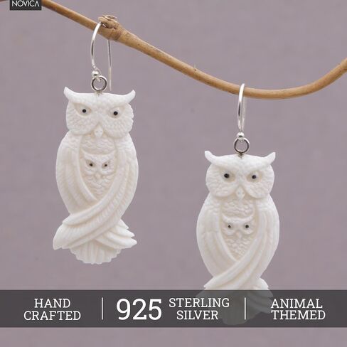 NOVICA مصنوعة يدويًا من الفضة الإسترليني عيار 925 على شكل بومة متدلية | حرفي يدوي | آريتس دي بوهو | مجوهرات تتدلى القرط | عظم منحوت | الأقراط تحت عنوان الحيوان in Kuwait