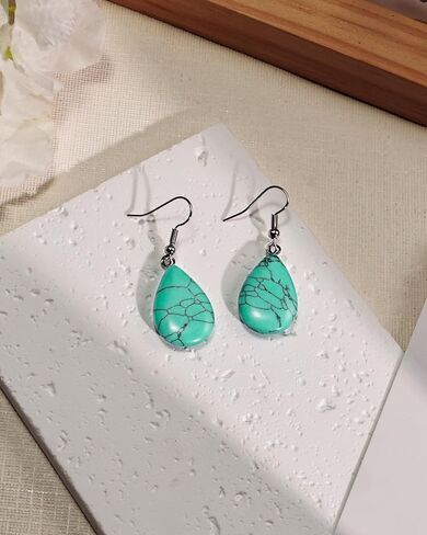 Vintage Boho Silver Teardrop Turquoise December BIrthstone Drop Earrings Fashion Handmade Dangle Earring Elegant Jewelry Gift for Women in Kuwait