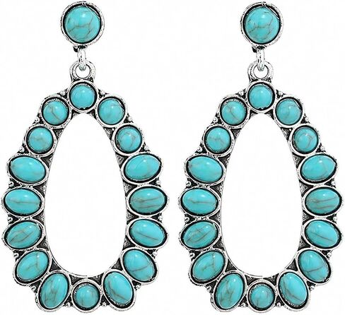 2 Pcs Turquoise Earrings for Women Gold-Tone Plated Base Western Style Flower Hollow Dangle Western Earrings Boho Vintage Chic Country Concert Outfits in Saudi Arabia