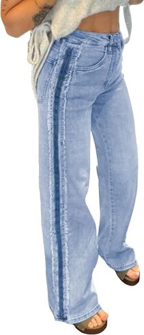 Jeans for Women Beau Blue Contrast Stripe Frayed Side Panel Patchwork Shift Jeans Trendy Denim Pants in Kuwait