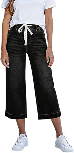 Jean Capris For Women Stretchy Summer Drawstring Waist Denim Capri Wide Leg Cropped Baggy Pants With Pockets in Kuwait
