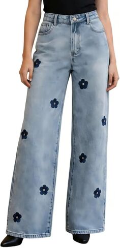 Women's High Waisted Straight Leg Jeans | Floral Embroidery/Decal, Stretch Denim, Pockets in Saudi Arabia