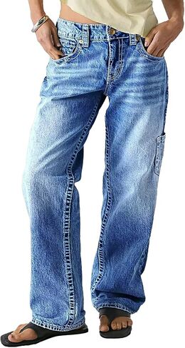Women's Mid Rise Straight Leg Jeans, Light Blue Denim, Multi Pocket Baggy Boyfriend Style, Stretchy Casual Wear in Saudi Arabia