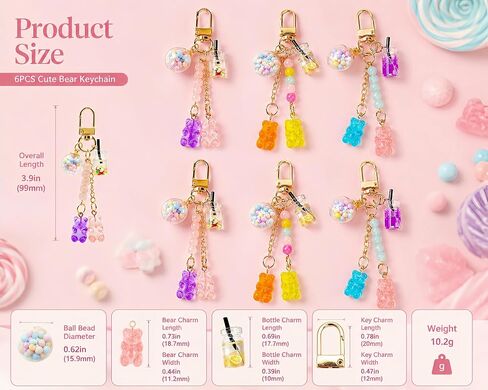 6 Pack Resin Bear Keychain Set, Kawaii Candy Color Bear Key Ring Charms for Backpacks, Handbags and Car Keys in Kuwait