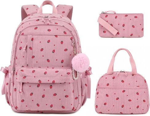 School Backpack for Teen Girls,Cute Bow Corduroy Backpack with Multiple Pockets, Lightweight Student Bookbag for Elementary Middle School 3PCS Beige Rose in Kuwait