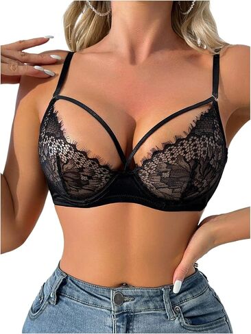 GORGLITTER Women's Floral Lace Sexy Push Up Bra Naughty Balconette Underwire Bras Cut Out Bralettes in Kuwait