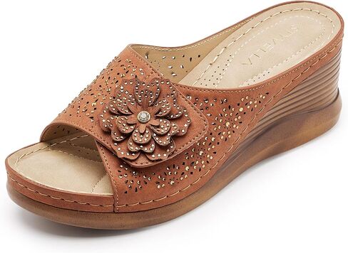 Rhinestone Wedge Sandals for Women with 2.8-Inch Heel Slip On Single Strap Open Toe Platform Sandals, Comfortable Womens Wedge Sandals, Casual Floral Summer Sandals Women, Stylish Everyday Sandals in Saudi Arabia
