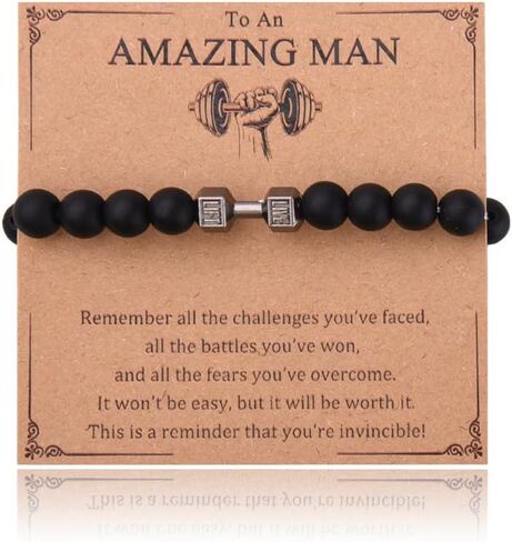 Inspirational Motivational Gym Fitness Gifts for Men Birthday Christmas Workout Gifts Black Beaded Dumbbells Bracelets Gymrat Personal Trainer Bodybuilder Encouragement Encouraging Gift in Saudi Arabia