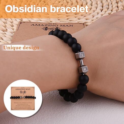 Inspirational Motivational Gym Fitness Gifts for Men Birthday Christmas Workout Gifts Black Beaded Dumbbells Bracelets Gymrat Personal Trainer Bodybuilder Encouragement Encouraging Gift in Saudi Arabia