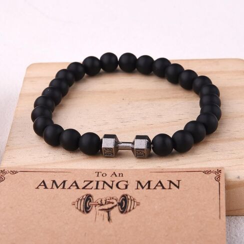 Inspirational Motivational Gym Fitness Gifts for Men Birthday Christmas Workout Gifts Black Beaded Dumbbells Bracelets Gymrat Personal Trainer Bodybuilder Encouragement Encouraging Gift in Saudi Arabia