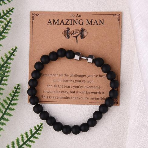 Inspirational Motivational Gym Fitness Gifts for Men Birthday Christmas Workout Gifts Black Beaded Dumbbells Bracelets Gymrat Personal Trainer Bodybuilder Encouragement Encouraging Gift in Saudi Arabia