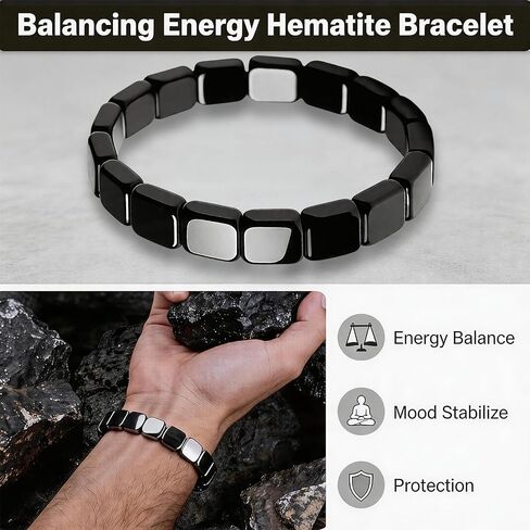 Hematite Bracelet Men, Natural Stone Elastic Stretch Bracelet, Classic Black Casual Jewelry, Ideal Gift for Men in Saudi Arabia