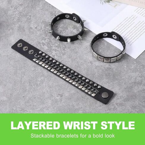 3 Pcs Studded Bracelet Set Punk Style Leather Look Wristband for Men and Women Black Stud Bracelets Gothic Emo Y2K Grunge Wrist Accessories for Daily Wear and Concert Outfits in Kuwait