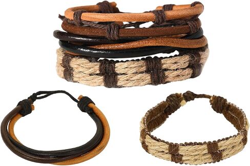 Handmade Braided Leather Bracelets for Men & Women - Adjustable Wrap Wristbands, Vintage Brown & Black Leather Cuff Bracelet Set in Saudi Arabia