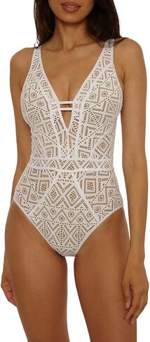 BECCA Color Play - Women's One Piece Swimsuit, Plunge Neck, Crochet, Bathing Suits for Women, White Tan, Large in Kuwait
