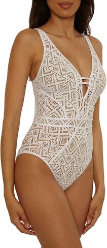 BECCA Color Play - Women's One Piece Swimsuit, Plunge Neck, Crochet, Bathing Suits for Women, White Tan, Large in Kuwait