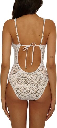 BECCA Color Play - Women's One Piece Swimsuit, Plunge Neck, Crochet, Bathing Suits for Women, White Tan, Large in Kuwait
