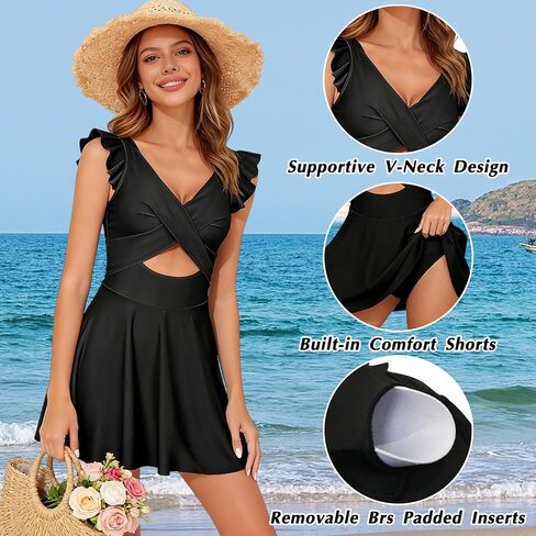 Women's One Piece Swimsuit V Neck Cutout Ruffle Sleeve Bathing Suit Tummy Control Swimdress in Saudi Arabia