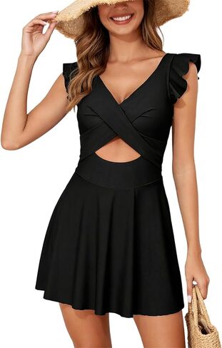 Women's One Piece Swimsuit V Neck Cutout Ruffle Sleeve Bathing Suit Tummy Control Swimdress in Saudi Arabia