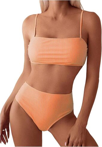 SweatyRocks Women's 2 Piece Bikini Sets Summer Beach Spaghetti Strap Striped High Waisted Bathing Suits in Kuwait
