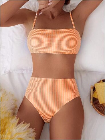SweatyRocks Women's 2 Piece Bikini Sets Summer Beach Spaghetti Strap Striped High Waisted Bathing Suits in Kuwait